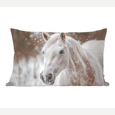 Sierkussens - Kussentjes Woonkamer - 60x40 cm - Paard - Wit - Winter - Natuur - Sneeuw - Dieren