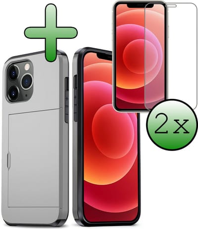 Hoes Geschikt voor iPhone 11 Pro Hoesje Hard Case Met Pas Houder Met 2x Screenprotector - Hoesje Geschikt voor iPhone 11 Pro Hoes Shockproof Hard Cover Met Kaarthouder - Grijs