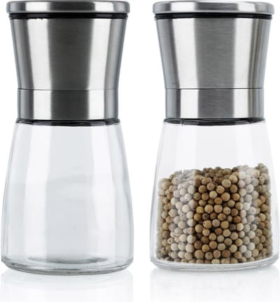 Intirilife set van 2 kruidenmolens in SILVER TRANSPARENT - 2x handmolen van glas en roestvrij staal voor in de keuken, perfect voor het malen en pletten van peper, zout, specerijen en nog veel meer.