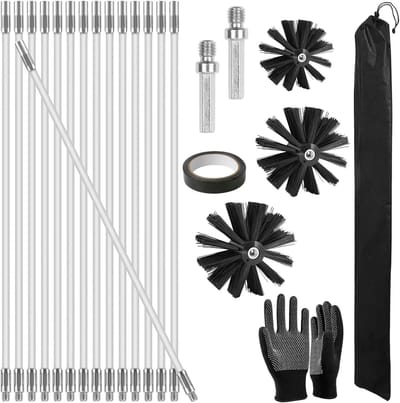 Complete schoorsteenborstelset met 23 stuks, nylon veegborstels, flexibele stangen en 3 maten voor optimale reiniging van kachelpijpen en open haarden