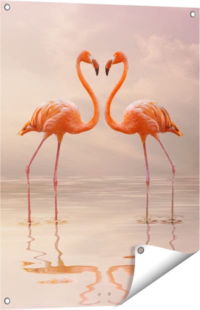 Gards Tuinposter Twee Flamingo's in een Hartjes Vorm - 60x80 cm - Tuindoek - Tuindecoratie - Wanddecoratie buiten - Tuinschilderij