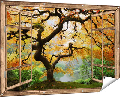 Gards Tuinposter Doorkijk Oude Knoestige Boom - 150x100 cm - Tuindoek - Tuindecoratie - Wanddecoratie buiten - Tuinschilderij