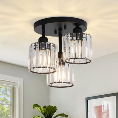 MELVRA Kristallen Kroonluchter - Plafondlamp - 3-lichts - Glazen Lampenkap - Zwart - Hanglamp voor Woonkamer, Slaapkamer, Keuken & Badkamer - Modern