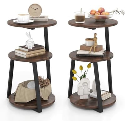 Giantex 3-Tier Side Table, 62 cm, Bedside Table with 3 Wooden Shelves, Coffee Table, Metal Frame, Adjustable Foot Slides, Round Side Table, Industrial Design (2)
