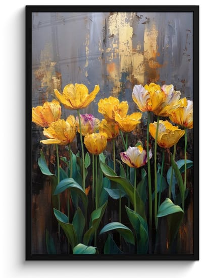 Poster in lijst - Fotolijst 60x90 cm - Posters - Tulpen - Geel - Penseelstreken - Abstract - Posterlijst zwart - Decoratie - Wanddecoratie woonkamer - Muurdecoratie slaapkamer