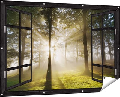 Gards Tuinposter Doorkijk Zon tussen de Bomen - 150x100 cm - Tuindoek - Tuindecoratie - Wanddecoratie buiten - Tuinschilderij