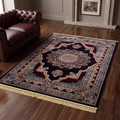 Flycarpets Isfahan Klassiek Oosters Medaillon Vloerkleed - Blauw / Rood - 300x400 cm