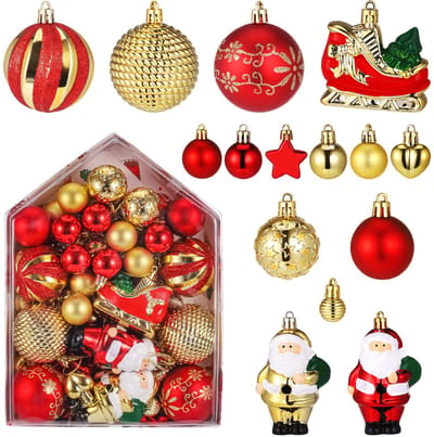 JHUBERS- Kerstballen 72 Stuks - Rood/Goud - Kunststof - Herbruikbaar - Hangende Versiering - Decoratie voor Kerstboom - Kerstdecoratie