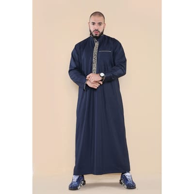 Mens Navy Thobe Jubba Emirati Islamitische Arabische Eid Borduur Kaftan Jubbah Robe