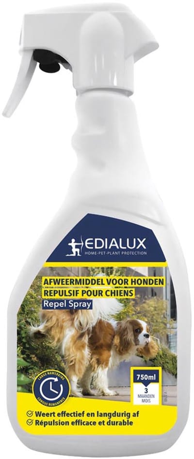 Edialux Hondenafweerspray 750 ml, anti dog spray om honden te verjagen, afschrikmiddel met etherische oliën, dog repellent voor binnen en buiten met langdurige werking tot 3 maanden