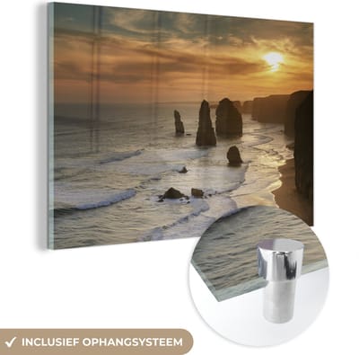 ® Glasschilderij 180x120 cm - Schilderij acrylglas - Zonsondergang over de Twelve Apostelen - Foto op glas - Muurdecoratie woonkamer - Wanddecoratie slaapkamer - Schilderijen