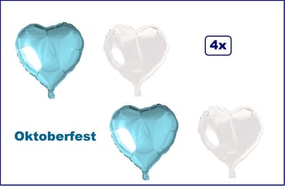 4x Folieballon Hart Oktoberfest (45 cm) - lichtblauw en wit - Apres ski huwelijk bruid hartjes ballon feest festival liefde white - Deze ballon wordt NIET standaard geleverd met helium of lucht.