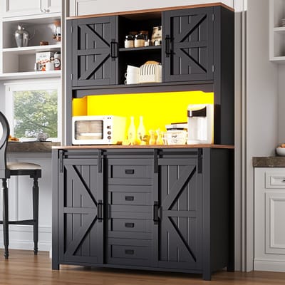 MODENUIT Keukenkast - Schuifdeuren, Lades En LED - Voor Keuken En Serviesopslag - MDF Metaal - Zwart - 115x40x174,7 cm