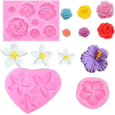 Dailygoods - 3 stuks 3D bloemen fondant vorm rozen bloemen cakevorm bloesem bakvormen hibiscus frangipani gietvormen cupcake siliconen mal voor chocolade muffin snoep gelei snoep candy fudge decor