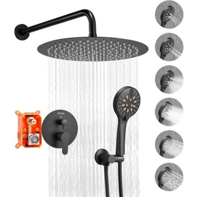 VEVOR Douchekraan Regendouchesysteem voor Badkamer Douchesysteem met 305 mm Ronde Regendouchekop & Handdouche, Wandgemonteerde Badkamerkranen met Messing Klep & Afwerkingsset, Mat Zwart