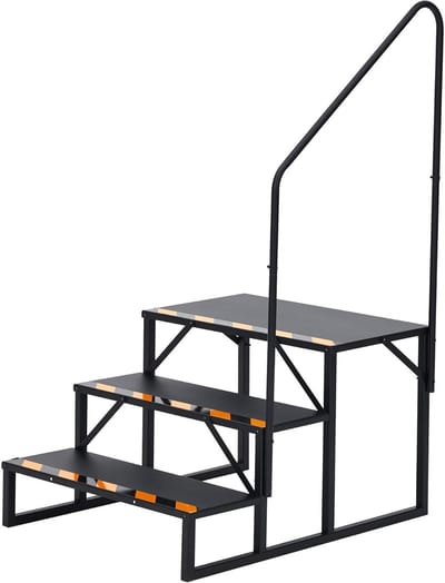 Stalen trap – Campingladder met leuning – 3 antislip treden – Veilig voor ouderen, kinderen & huisdieren – Geschikt voor caravan, zwembad & jacuzzi – Enkelzijdig