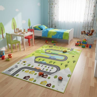 Tapiso Joy Vloerkleed Kinderkamer Kindertapijt Grijs-Groen Autokleed Straat Speelkleed voor Jongens Laagpolig Antislip - 80x150