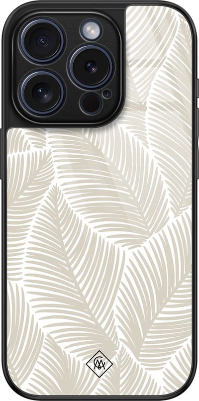 Casimoda® hoesje - Geschikt voor iPhone 15 Pro - Palmy Leaves Beige - Luxe Hard Case Zwart - Backcover telefoonhoesje - Bruin/beige
