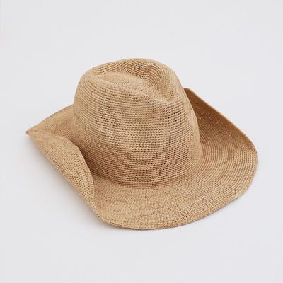 Chapeaux de Soleil Rétro Western Cowboy 100% Rafia Naturelle pour Femme Vacances à la Plage Chapeau Jazz Tressé à la Main Chapeau Panama en Paille à Bord Recourbé 55-58cm brown