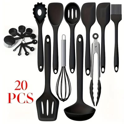 PolkaHome® 20-delige set anti-aanbak siliconen keukengerei, Antiaanbaklaag siliconen lepels, spatelset & kooklepel met lang handvat | Hoge hittebestendigheid, Basiskeukenartikelen voor gemakkelijk koken