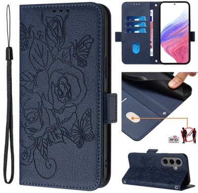 Voor Samsung Galaxy S24+ 5G reliëf Rose RFID anti-diefstal lederen telefoonhoes (donkerblauw)
