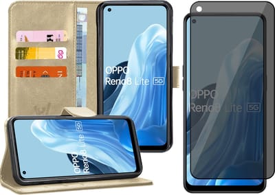 Hoesje geschikt voor Oppo Reno 8 Lite - Privacy Screenprotector Volledig Dekkend Glas - Portemonnee Book Case Goud