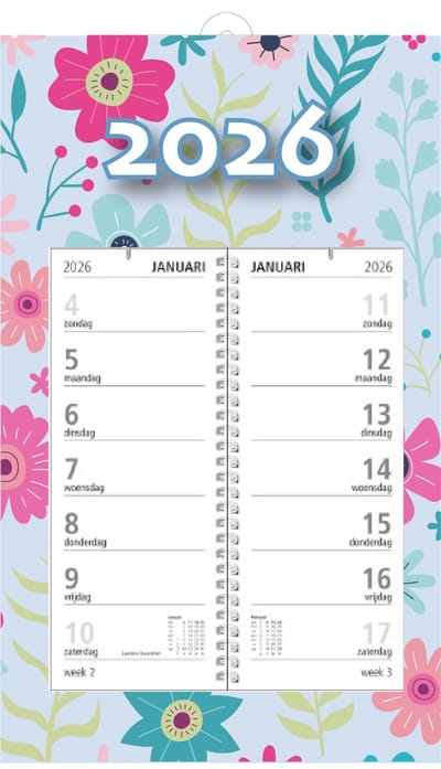 MGPcards - Omlegweekkalender 2026 - Week begint op zondag - 21 x 34 cm - Flowers - Licht blauw