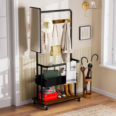 OKWISH Kledingrek Multifunctioneel – 70x40x170 cm – Staal En Spaanplaat – Zwart Bruin – Met Spiegel, Wielen En Opbergruimte