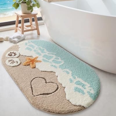 Ovale badkamer mat - Zacht, absorberend en veilig met antislip onderkant - Strand thema design