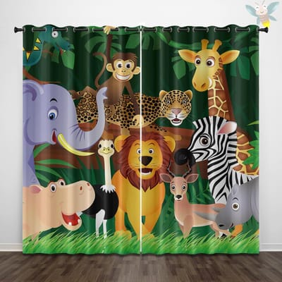 2 stuks gordijnen met leeuw-, olifant-, aap-, giraffe-patroonprint, versierd met cartoon dieren voor slaapkamer en woonkamer 150x166cm&Grommet Top