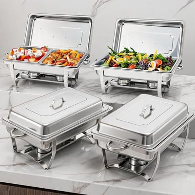 Chafing Dish Set van 4 - 9 Liter (8 Qt) - RVS Buffetwarmer - Inclusief 6 Voedselpannen & Brandstofhouders - Opvouwbaar - Voor Catering, Feesten & Bruiloften - Zilver