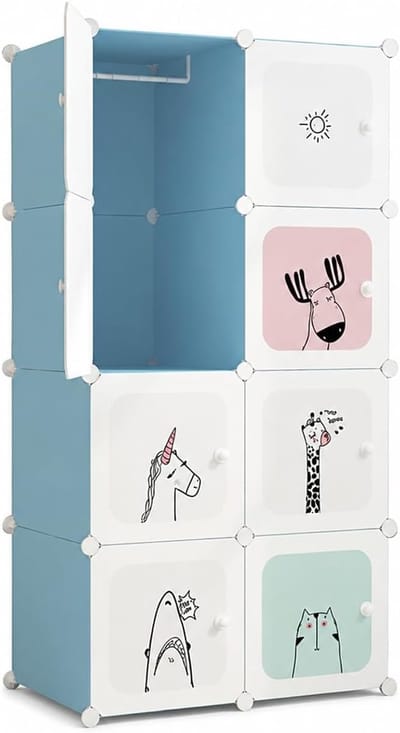 Kleerkast-Modulaire kinderkamer kast en -opbergruimte-kleding organizer voor kast, plank voor slaapkamer, hal. Voor thuis, hal, slaapkamer, doe-het-zelf,8 kubussen, blauw, 75 x 47 x 147 cm
