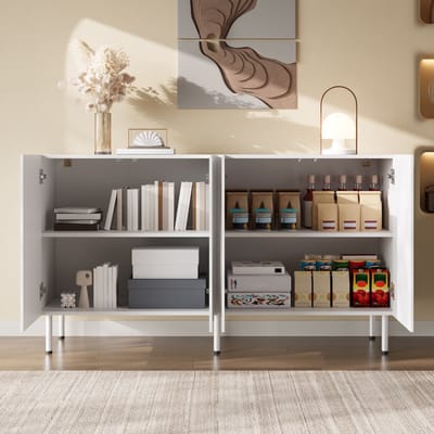 OKWISH Dressoir – 140×40×77,5 cm – 4 Deuren – Push To Open Opbergruimte Voor Woonkamer En Hal – MDF En Spaanplaat Wit