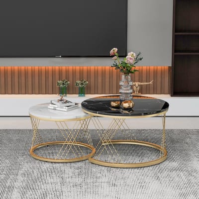 DESMIU Salontafel Set Van 2 - Rond Nestend Design Met Marmerlook - Voor Woonkamer En Kleine Ruimte - MDF - Zwart - 70 X 70 X 45 Cm En 45 X 45 X 40 Cm
