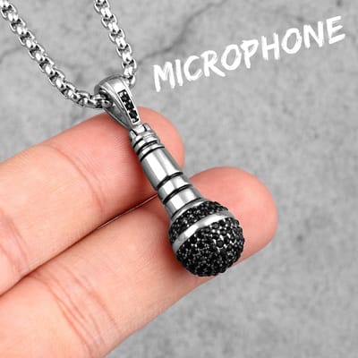 Collier long homme avec pendentif microphone, style punk, bijou en acier inoxydable, cadeau original pour petit ami. 60cm brown