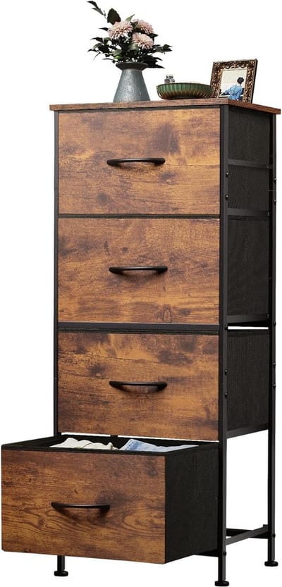 Dressoir / Opbergkast met 4 Stoffen Lades – Metalen Frame & MDF Blad – Industrieel Design – Bruin – Voor Slaapkamer, Woonkamer, Hal of KinderkamerHMTM-SC-4D-BR