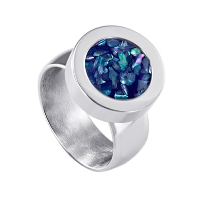 Quiges RVS Schroefsysteem Ring Zilverkleurig Glans 18mm met Verwisselbare Donkerblauwe Vlokjes Schelp 12mm Mini Munt
