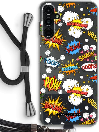 Case Company® - Hoesje met koord geschikt voor Samsung Galaxy A14 hoesje met Koord - Pow Smack - Telefoonhoesje met Zwart Koord - Bescherming aan alle Kanten en Over de Schermrand