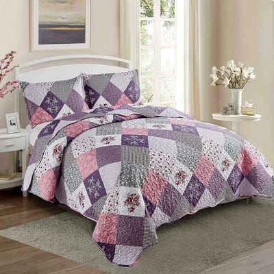 Famanu - Sprei 240x260 cm roze-paars, bloemenpatroon, quiltstijl met kussenslopen