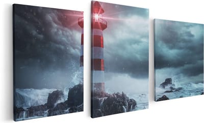 Artaza Canvas Schilderij Drieluik Vuurtoren tijdens een Storm - 120x60 - Foto Op Canvas - Canvas Print