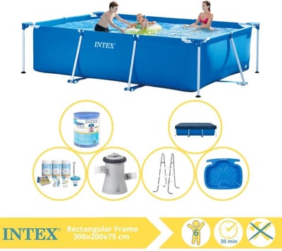 Intex Rechthoekig Frame Zwembad - 300 x 200 x 75 cm - Blauw - Inclusief Afdekzeil - Onderhoudspakket - Zwembadfilterpomp - Filter - Ladder - Voetenbad - 7-delig