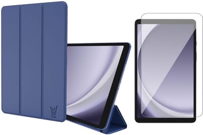 Hoes en Screenprotector geschikt voor Samsung Galaxy Tab A9 / Tab A11 – Smart Cover met Tri-Fold Stand – Schokbestendig – Auto Wake/Sleep – TPU Backcase – Blauw