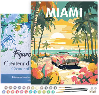 Figured'Art Schilderen op Nummer Volwassenen met lijst Reisposter zonsondergang in Miami- Handwerk acrylverf Kit DIY Compleet - 40x50cm Canvas al ingelijst