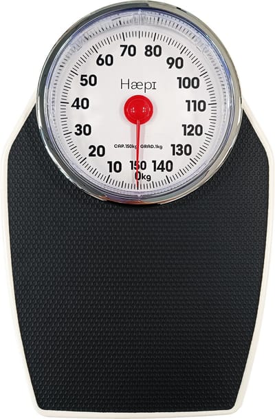 Haepi Leo - Mechanische personenweegschaal - weegschaal analoog - Groot scherm en grote cijfers - Zeer leesbaar display - Maximale capaciteit van 150 kg. De schaal is groot, 40 cm hoog en 28 cm breed.