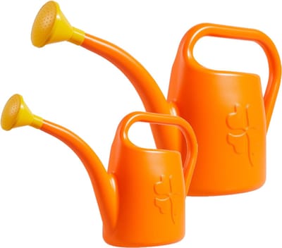 Combi-set kunststof bloemen/planten gieters met broeskop/sproeikop oranje 1.8 en 4,5 liter