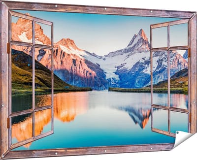 Gards Tuinposter Doorkijk Bergen Landschap bij het Meer - 180x120 cm - Tuindoek - Tuindecoratie - Wanddecoratie buiten - Tuinschilderij