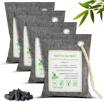 Set van 4 Bamboe Houtskoolzakken voor Vochtabsorptie, Luchtzuivering en Geurabsorptie, Ideaal voor Schoenen, Kasten en Auto's, 200g