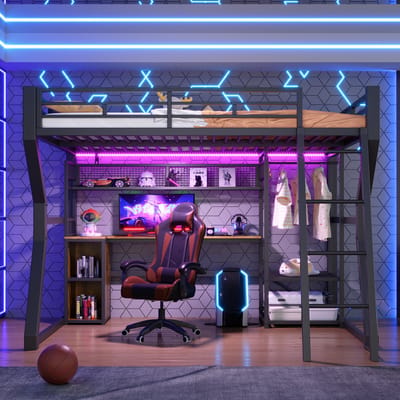 VVBV Ruimtebesparende Hoogslaper 140x200 cm - LED-Verlichting, Planken, Bureau - Metaal Zwart - Zonder Matras