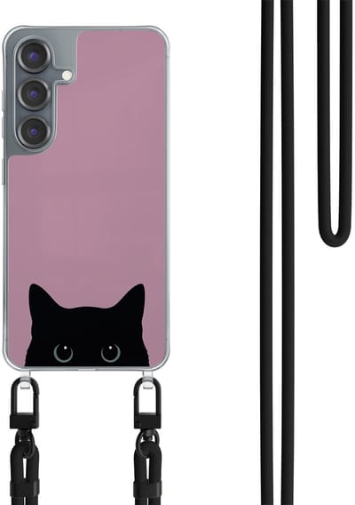 Hoesje met koord geschikt voor Samsung Galaxy S25 - Zwarte kat - Inclusief Zwart koord - Crossbody beschermhoes - Transparant, Roze - Mooie Telefoonhoesjes