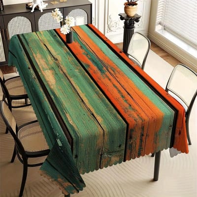 Stijlvolle Retro Houten Tafelkleed, Levendig Groene en Oranje Verweerde Houttextuur, Duurzaam Stof met Golvende Rand, voor Binnen 140x140cm